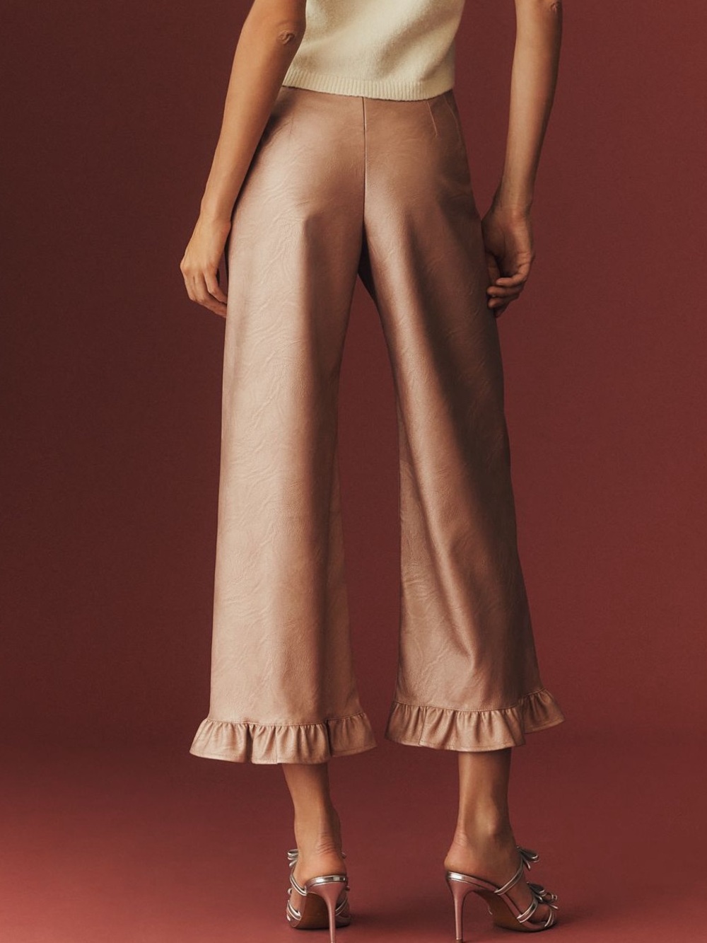 Anthropologie Colette TALL Cropped Wide-Leg Ruffle Faux-Leather Pants Maeve Pink